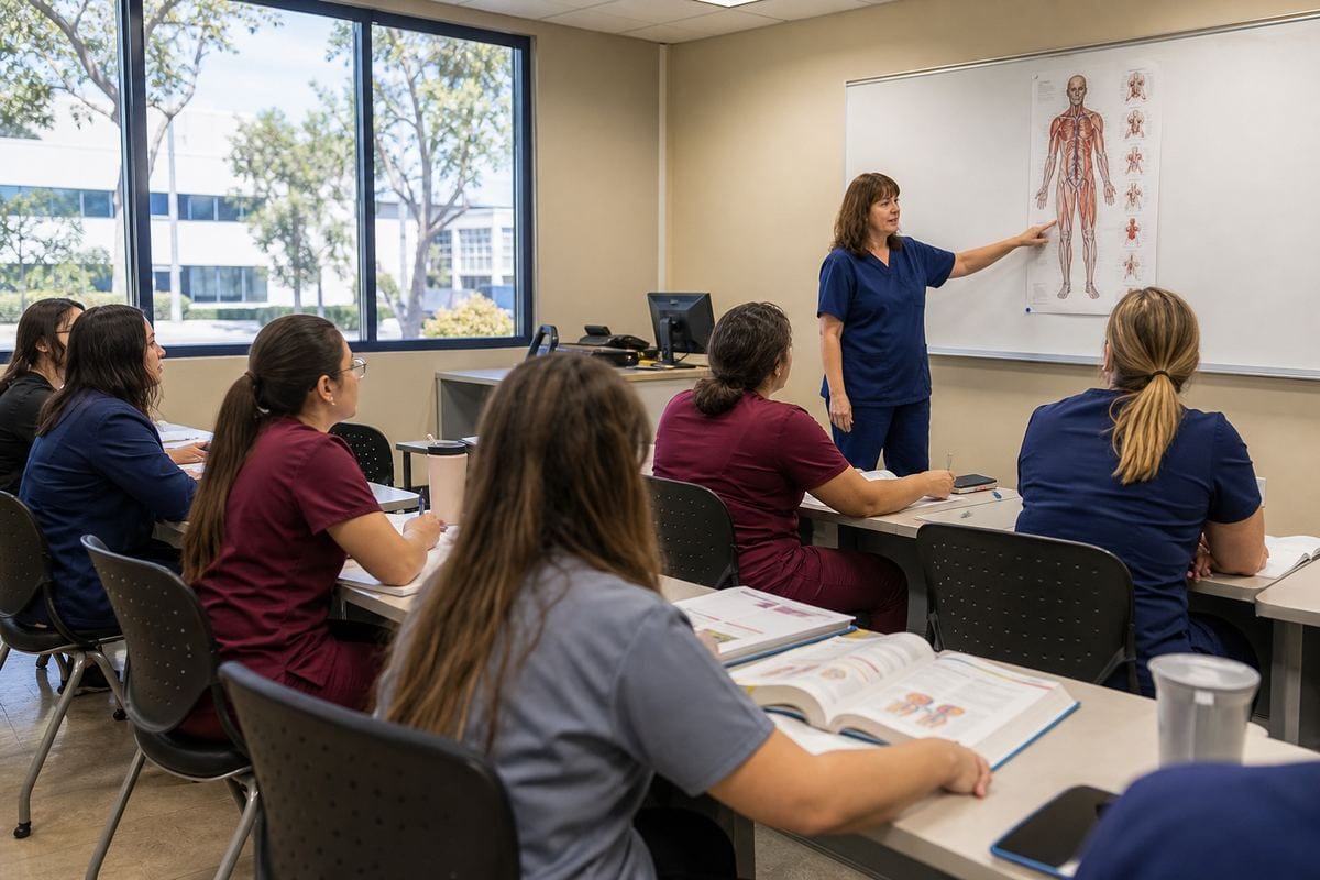 Instructor teaching vocational nursing students in a classroom