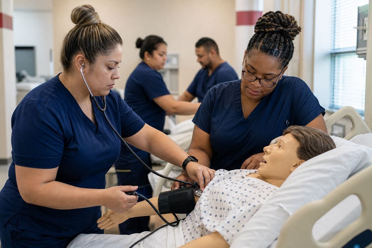 Vocational nursing students practicing clinical skills in a skills lab