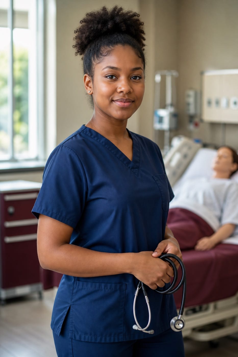 Nursing student in scrubs during simulation lab training