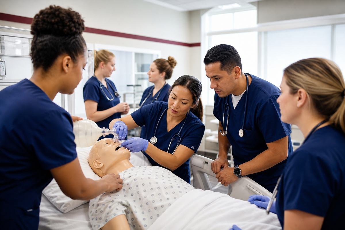 Vocational nursing students practicing skills in a bright lab